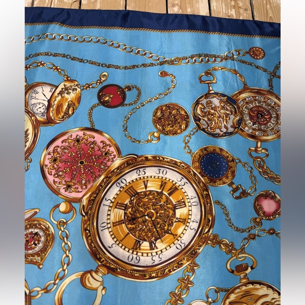 Vintage-Inspired Silk-Feel Scarf – Teal & Gold Ornate Timepiece Print - Picture 2 of 4